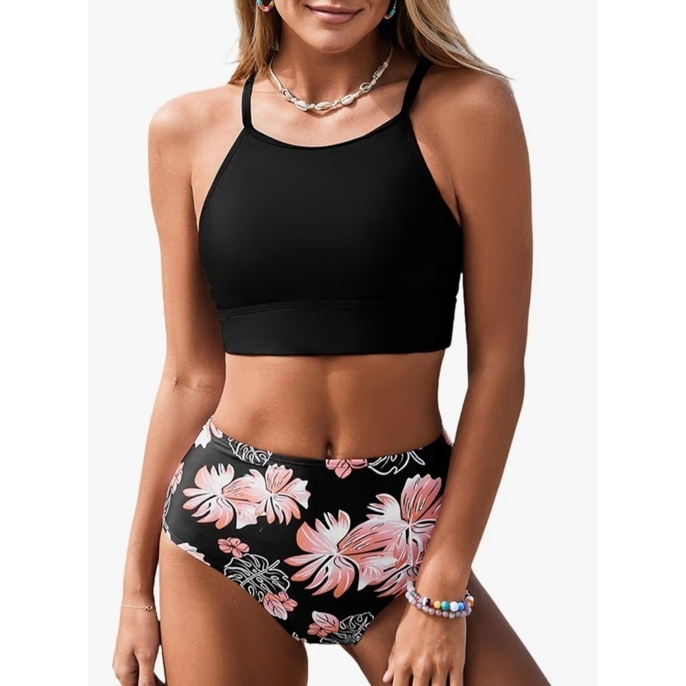 3 Piece Swimwear Set Black Pink Floral High Neck Bikini and Swim Dress Large